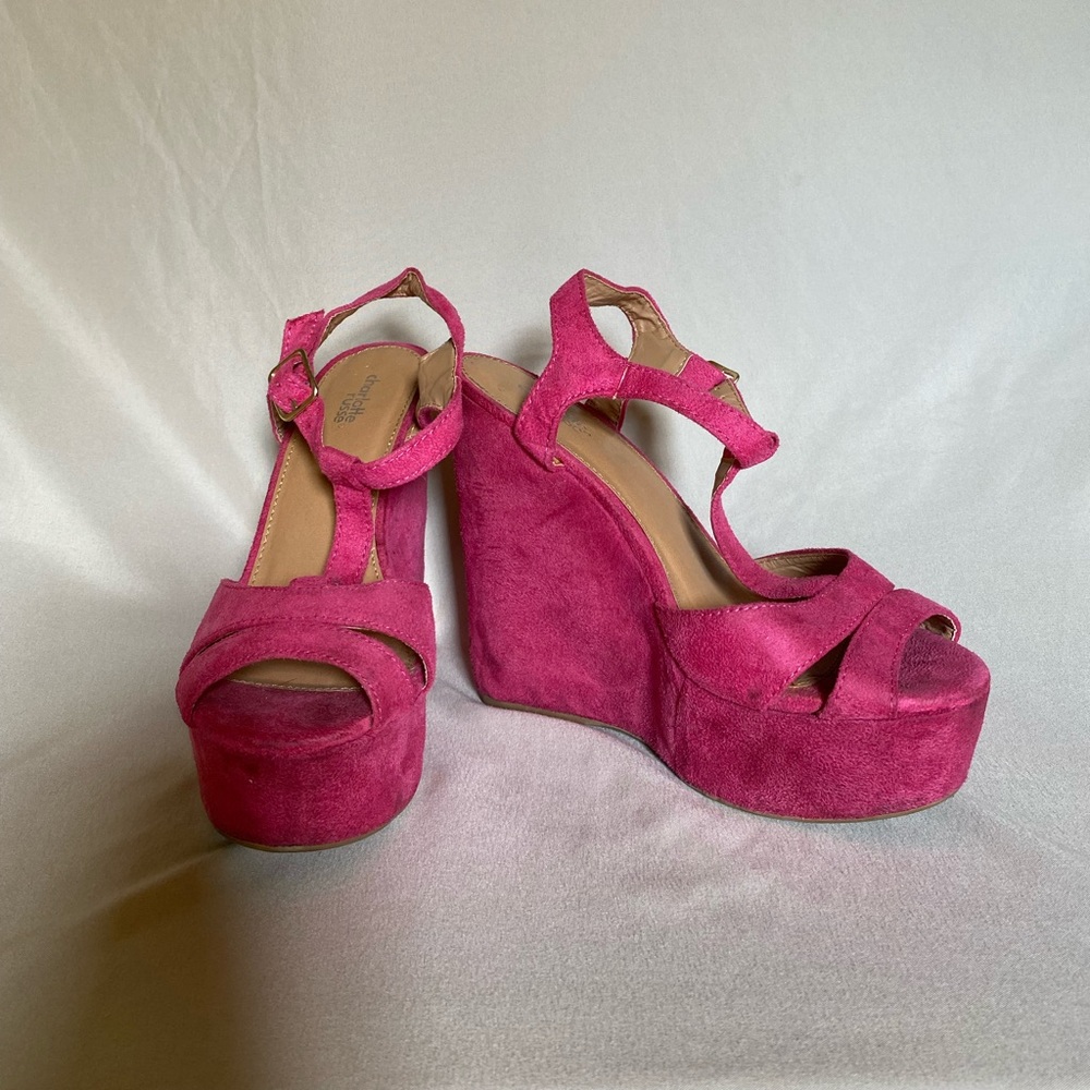 Hot pink suede Barbie wedges